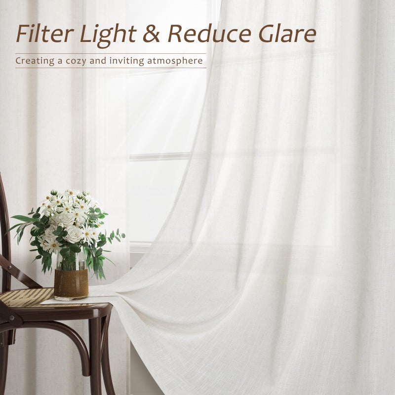 Aersas Natural Linen Curtains 84 Inch Length 2 Panels Cream White Pleated Linen Drapes for Living Room Semi Sheer Light Filtering Modern Farmhouse Aesthetic Neutral Window Curtain Back Tab Loop Ivory - Image 4