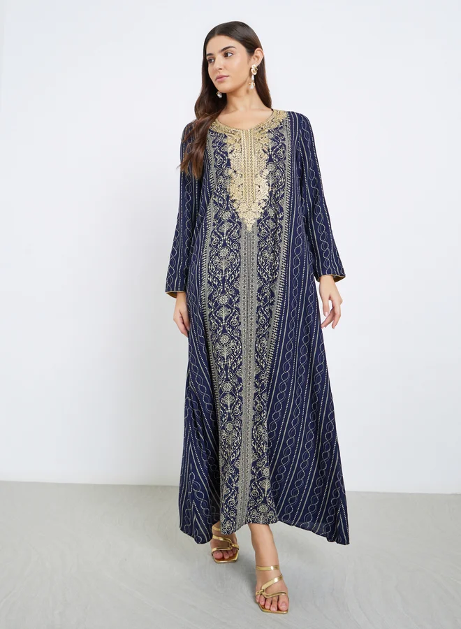 مكسيم كريشن Maxim Creation Gold Thread Embroidery Jalabiya with All Over Print