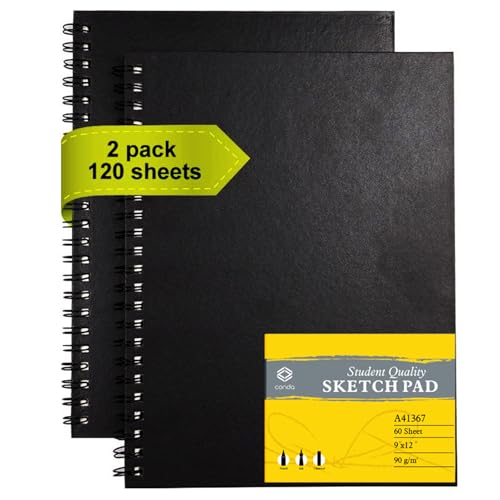CONDA 9"x12" Sketch Book Set, 2 Pack, 120 Sheets, Spiral Bound Marker Pad, Durable Acid Free Sketchbook Mixed Media for Beginner Kids Adults Artists - Image 1