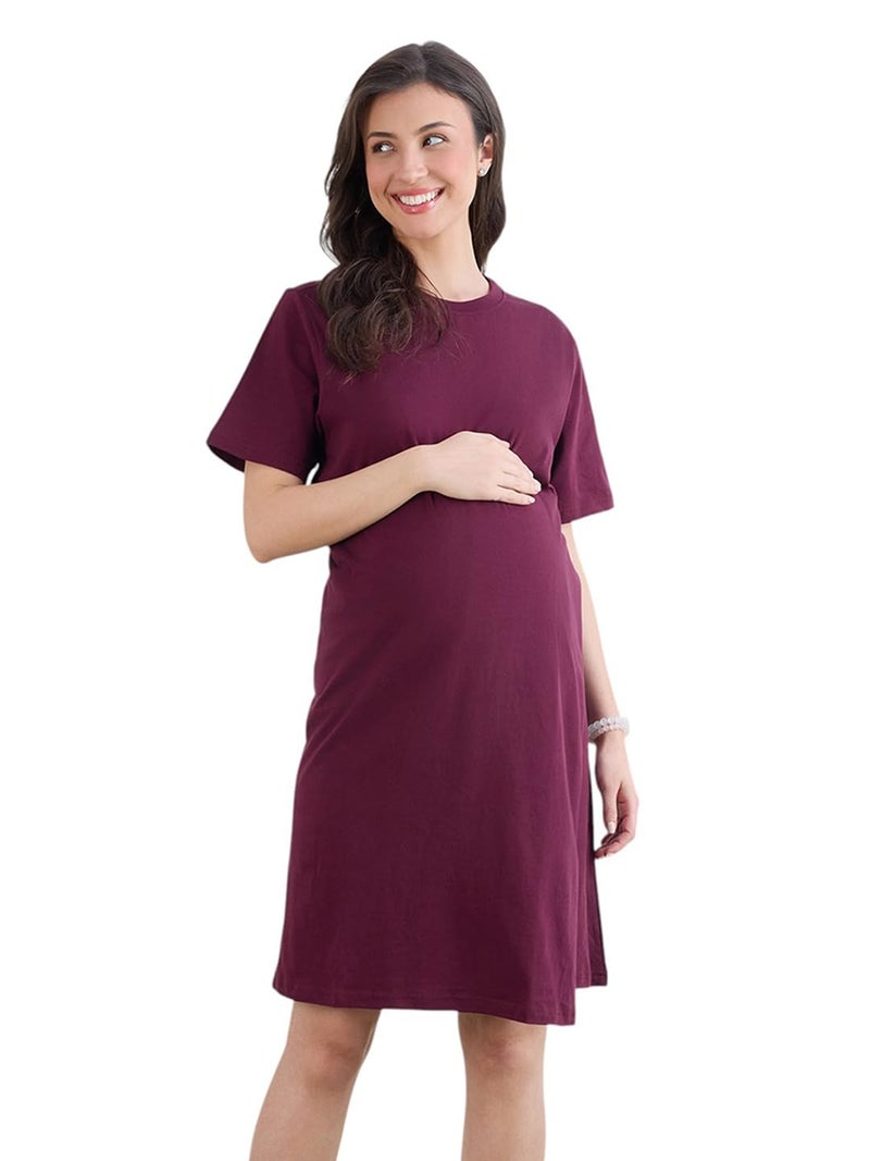 MomToBe Women's Cotton Maternity Dresses | Pregnancy Feeding Nursing Dress (Mulberry Wine ; Medium) - Image 1