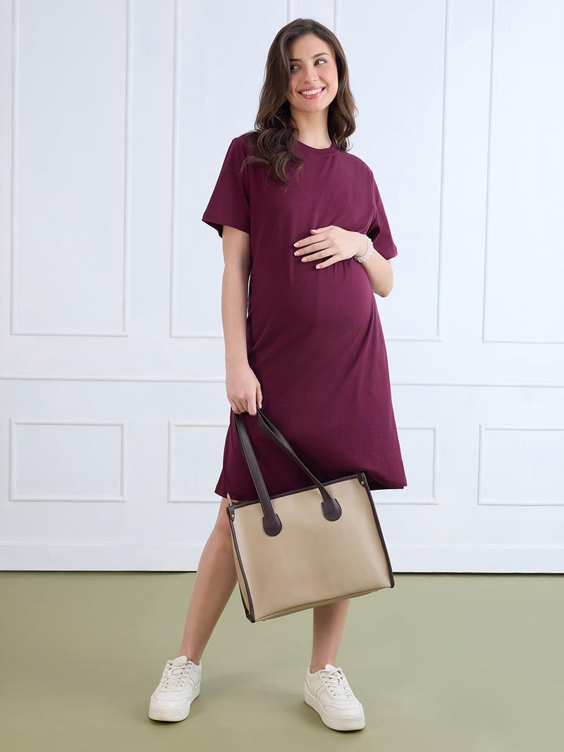 MomToBe Women's Cotton Maternity Dresses | Pregnancy Feeding Nursing Dress (Mulberry Wine ; Medium) - Image 2