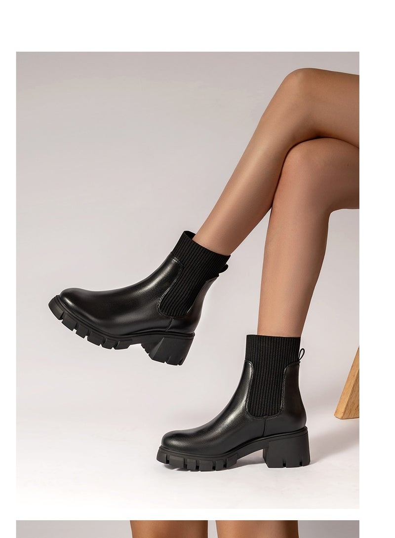 Elastic Knit Thick Soled Smoke Pipe Booties With Thick Heels Black - Image 1
