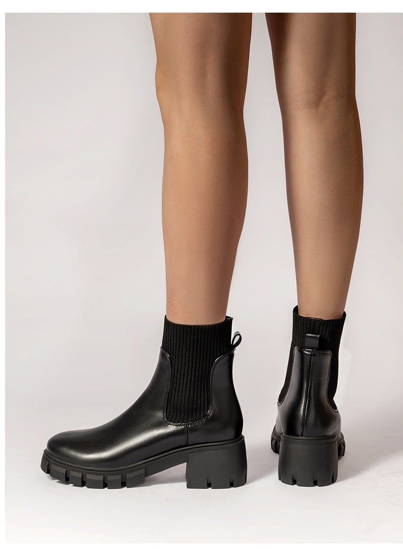 Elastic Knit Thick Soled Smoke Pipe Booties With Thick Heels Black - Image 2