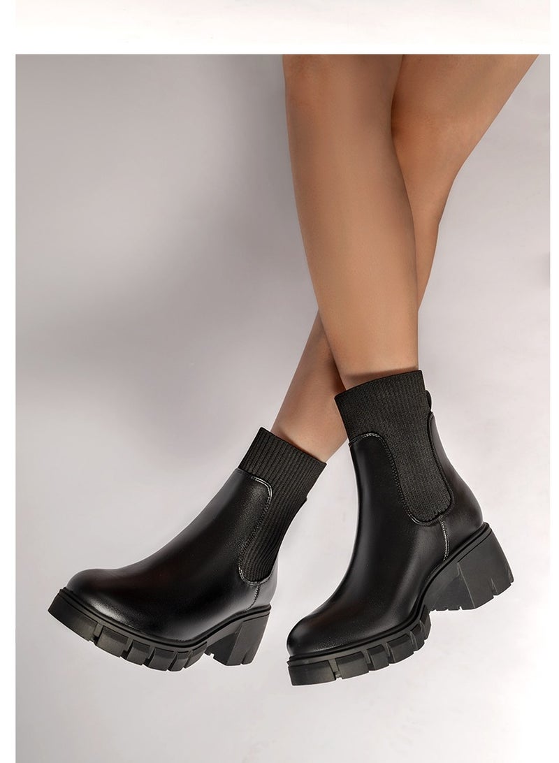 Elastic Knit Thick Soled Smoke Pipe Booties With Thick Heels Black - Image 3