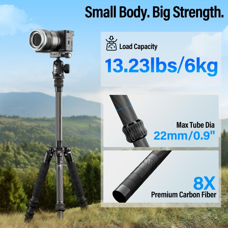 SIRUI Lightweight Carbon Fiber Travel Tripod, 6kg Load Capacity Compact Camera Support with Carry Bag, Portable for DSLR Mirrorless Cameras, Max Height 54" for Hiking Vacation Vlogging - Image 5