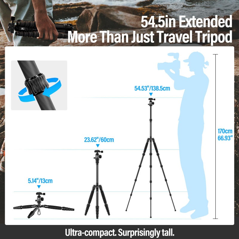 SIRUI Lightweight Carbon Fiber Travel Tripod, 6kg Load Capacity Compact Camera Support with Carry Bag, Portable for DSLR Mirrorless Cameras, Max Height 54" for Hiking Vacation Vlogging - Image 4