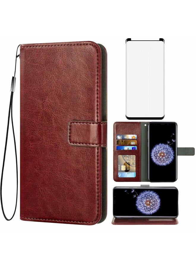 Asuwish Compatible with Samsung Galaxy S9 Plus Wallet Case Tempered Glass Screen Protector Leather Flip Cover Card Holder Stand Cell Accessories Phone Cases for Glaxay S9+ 9S 9+ S 9 9plus S9plus Brown - Image 1