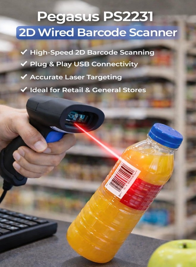 Pegasus PS2231 2D Barcode Scanner (QR Code Scanner) | Wired USB Handheld Barcode Reader for Fast, High-Speed Scanning | BIS Certified | Ideal for POS, Supermarkets, Billing & Shops | 2-Year Warranty - Image 3