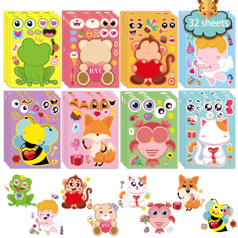 32 Sheets Valentines Day Make a Face StickersMake Your Own Stickers Valentine for Kids8 Designs of Animal Little Angel Stickers for Boys Girls Valentines Day Activities Party Favors Supplies