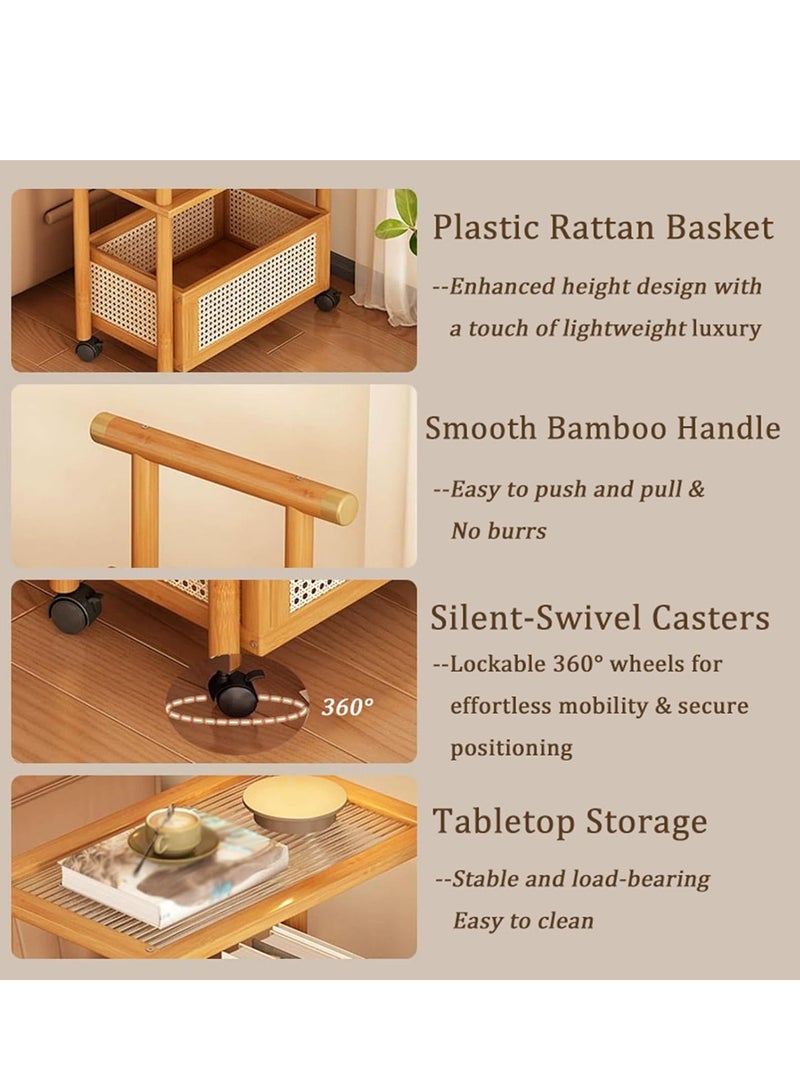 XiuWoo 2-Tier Rolling Utility Cart with Handle & Wheels, Portable Coffe Table Rack, Sofa Side Table, Trolley Cart with Storage Basket for Kitchen, Living Room Bedroom, Reading Area - Image 3