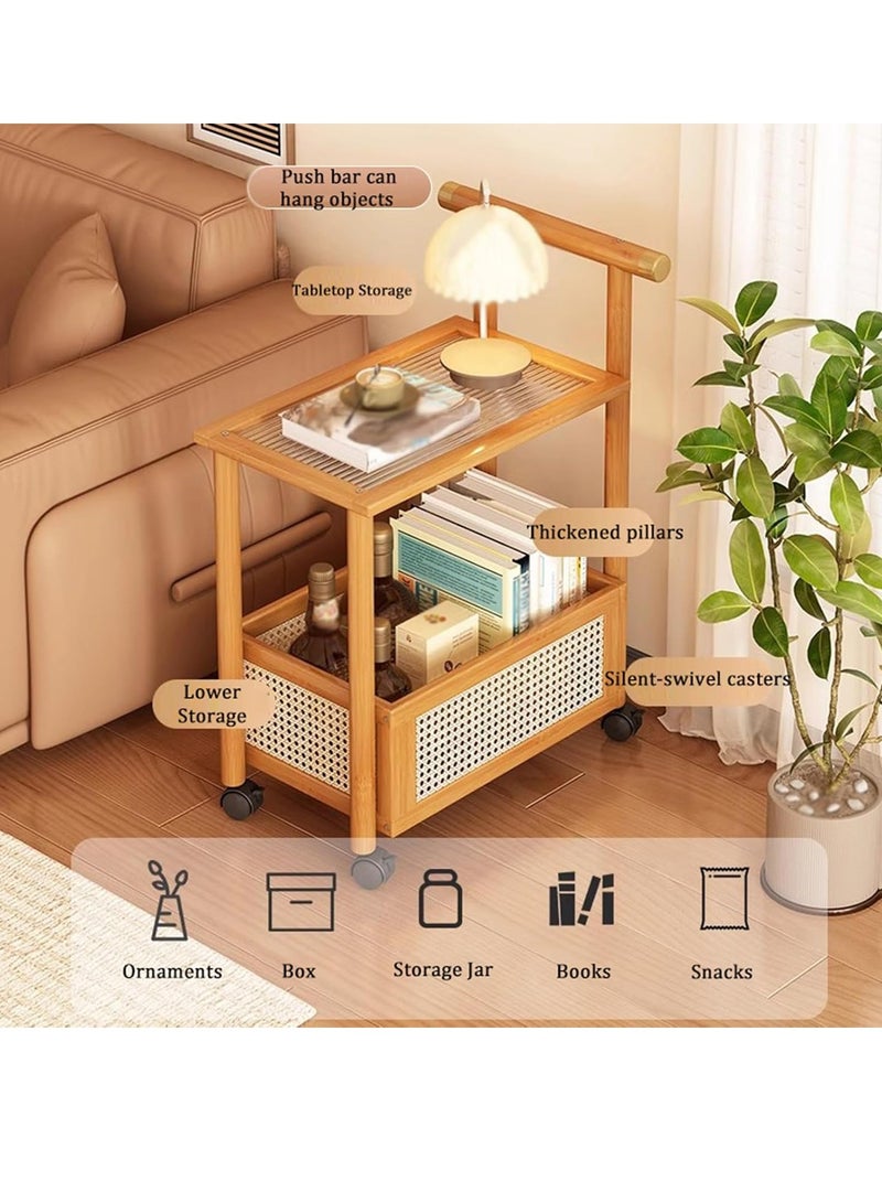 XiuWoo 2-Tier Rolling Utility Cart with Handle & Wheels, Portable Coffe Table Rack, Sofa Side Table, Trolley Cart with Storage Basket for Kitchen, Living Room Bedroom, Reading Area - Image 2