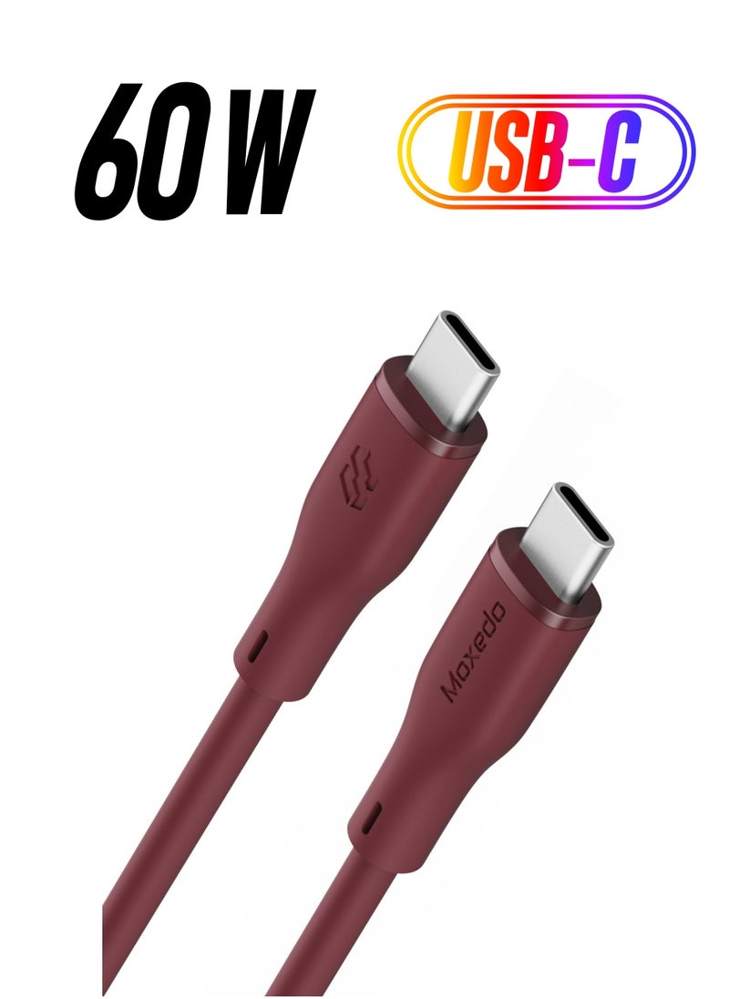 Moxedo Moxedo CavoX Pro USB-C to USB-C Silicone Cable 60W PD Fast Charge and Data Sync Compatible for iPhone15/ MacBook Pro 2020, iPad Pro 2020, iPad Air 4, Samsung Galaxy S23+/S23 Ultra (Maroon, 1.2m)  - Image 1
