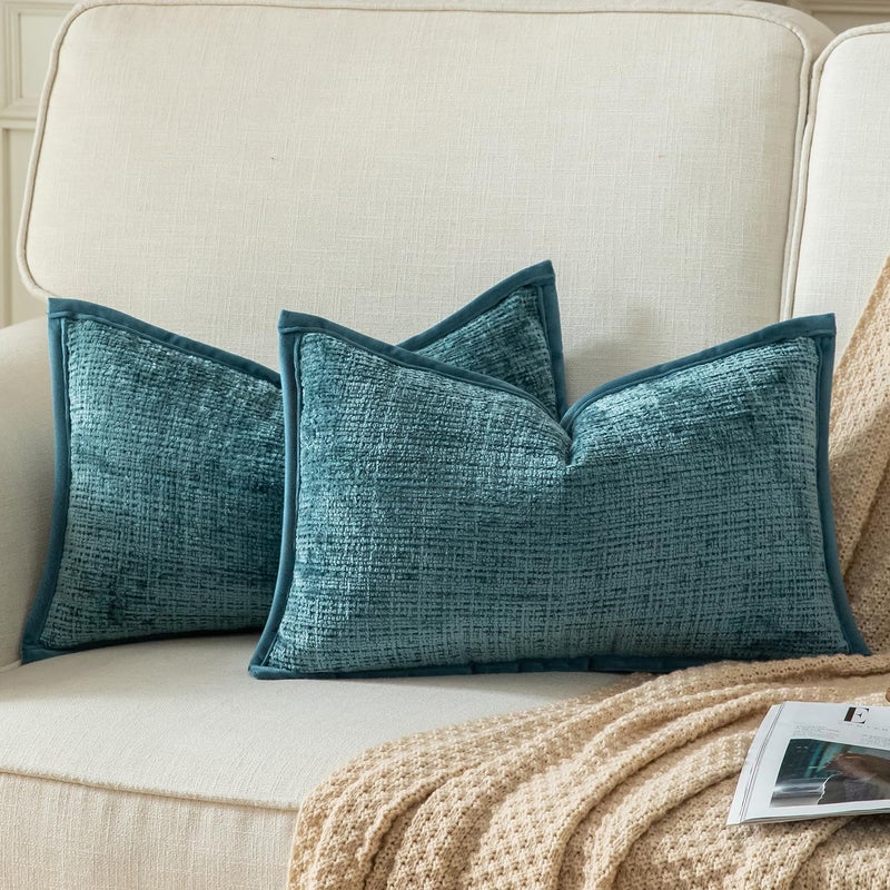 Yaertun Pack of 2 Chenille Textured Decorative Throw Pillow Covers Accent Solid Cushion Cover Soft Cozy Pillow Case with Velvet Back for Couch Sofa Bed Living Room 12x20 Inch Lake Blue - Image 1