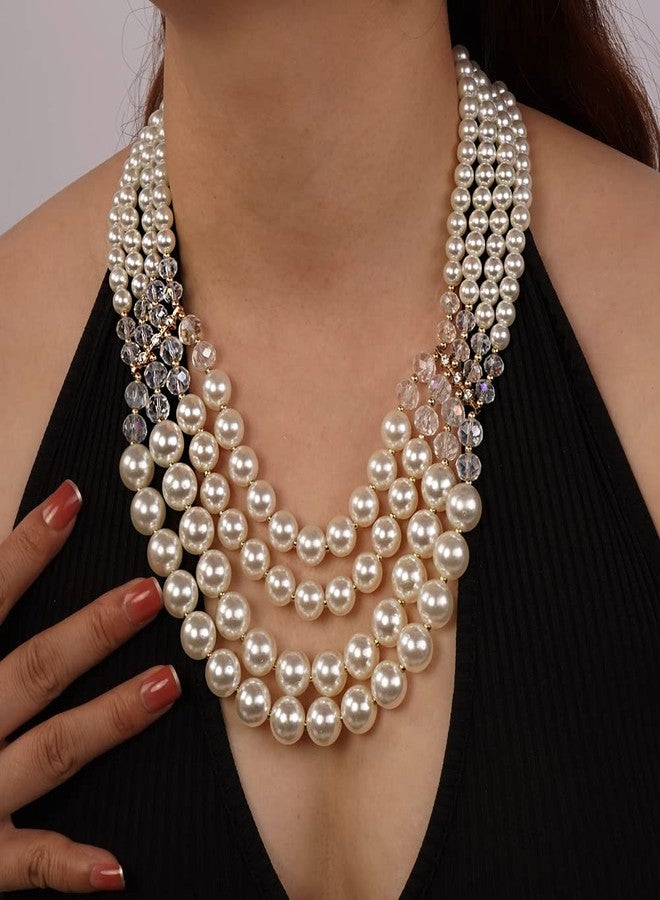 Aimimier 1920s Flapper Faux Pearl Strand Necklace and Earrings Set Boho Vintage Layered Long Chunky Crystal Stacked Choker for Women - Image 2