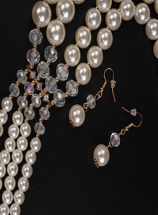 Aimimier 1920s Flapper Faux Pearl Strand Necklace and Earrings Set Boho Vintage Layered Long Chunky Crystal Stacked Choker for Women - Image 5