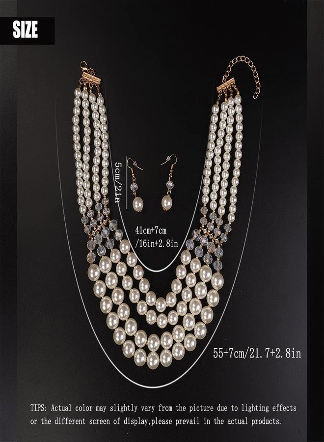 Aimimier 1920s Flapper Faux Pearl Strand Necklace and Earrings Set Boho Vintage Layered Long Chunky Crystal Stacked Choker for Women - Image 3