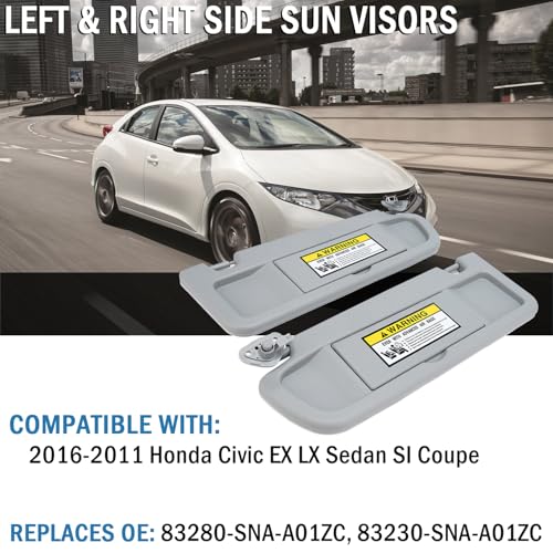 Qagea Sun Visors, Left & Right (Driver Side and Passenger Side), Replacement for 2006-2011 Honda Civic Replaces 83280-SNA-A01ZC 83230-SNA-A01ZC (Gray) - Image 2