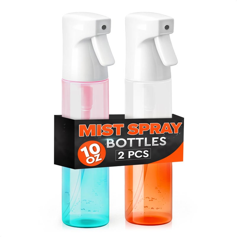 2 Pcs Continuous Spray Bottle for Hair - 10 Oz Plastic Empty Hair Spray Bottles Mist with 0.3 mm Nozzle, Continuous 360Â° Mist - Leak-Proof Ergonomic Design for Styling, Skin Care, Plants & Cleaning