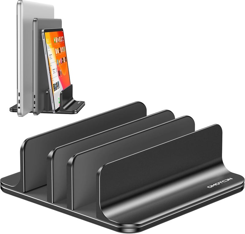 Omoton 3-Slot Vertical Laptop Stand, Desktop Aluminum Stand for MacBook with Adjustable Dock Size, Fits All MacBook, Surface, Chromebook and Gaming Laptops (Up to 17.3 inches), Black - Image 1