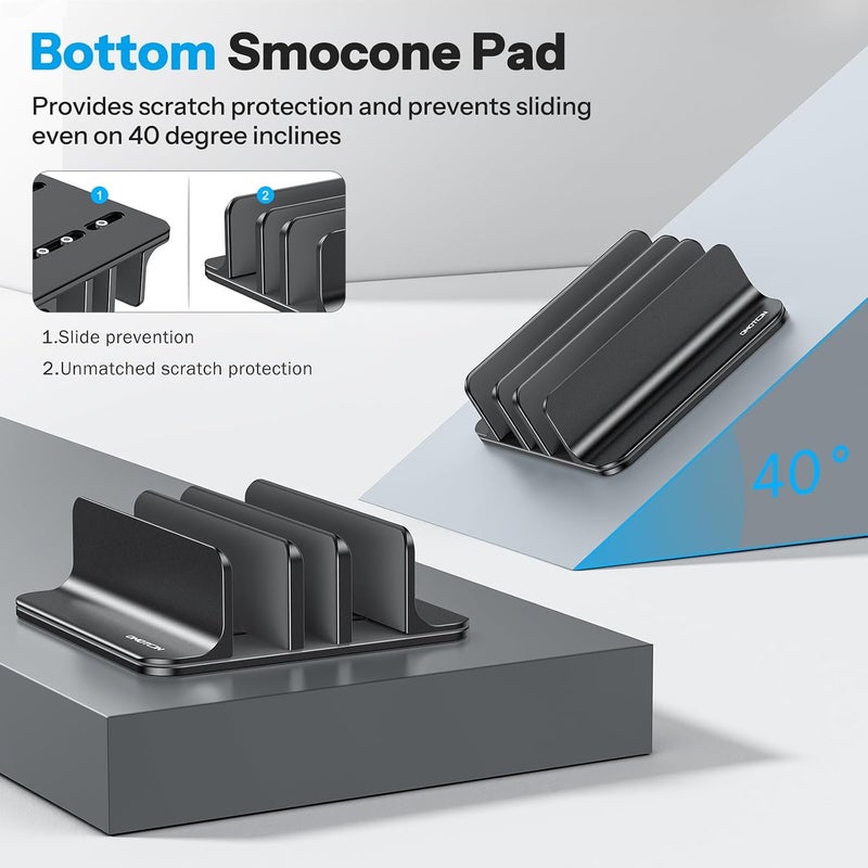 Omoton 3-Slot Vertical Laptop Stand, Desktop Aluminum Stand for MacBook with Adjustable Dock Size, Fits All MacBook, Surface, Chromebook and Gaming Laptops (Up to 17.3 inches), Black - Image 3