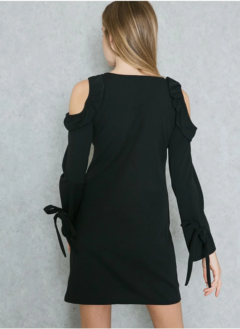 Ginger Tie Cuffed Ruffle Cold Shoulder Dress