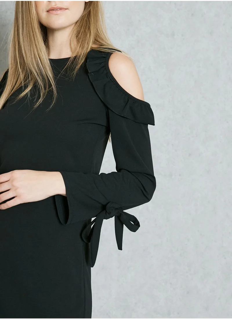 Ginger Tie Cuffed Ruffle Cold Shoulder Dress