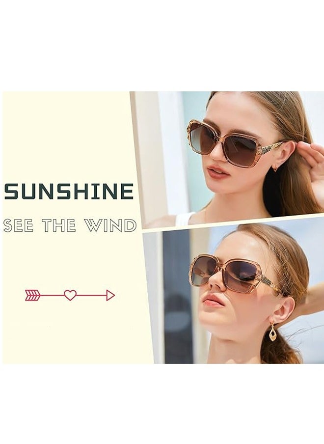 Women's Polarized Sunglasses, Fashionable Shiny Frame Glasses, Polarization Large Frame UV Resistant Sunglasses, Retro Design Small Sunglasses (Champagne Gradient Tea）