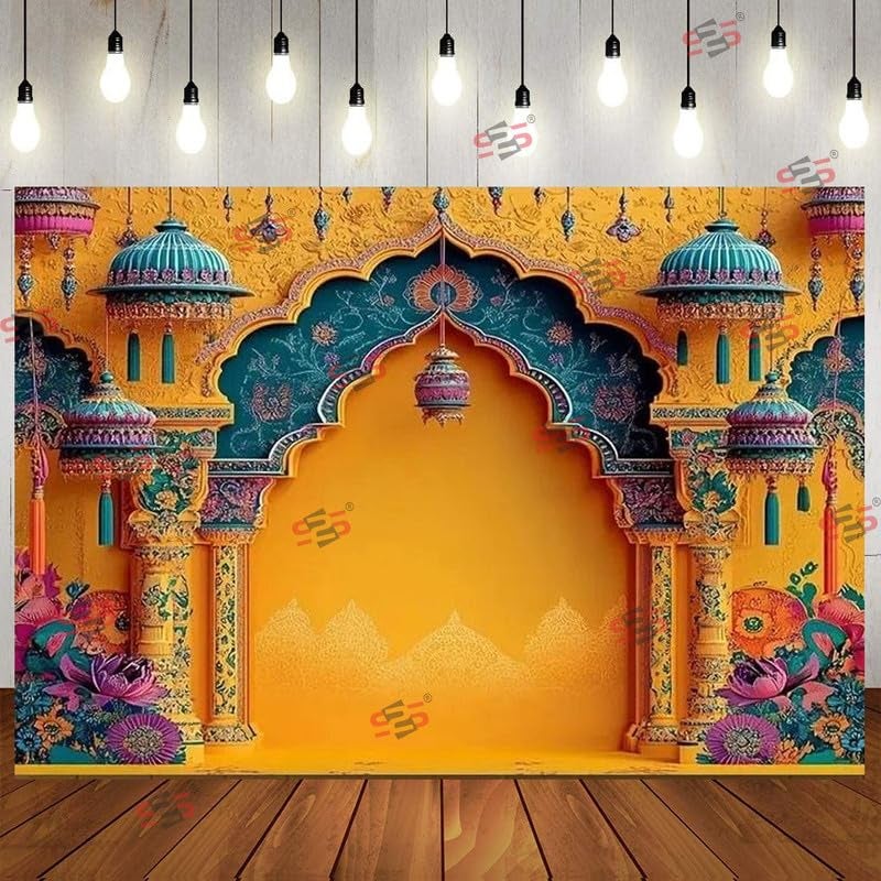 S2S قماش خلفية قوس أصفر لتزيين البوجا التقليدي، قماش تزيين خلفية | قماش ستارة لجميع المهرجانات والفعاليات والمناسبات - (5 × 8 قدم) (قوس أصفر) - Image 3