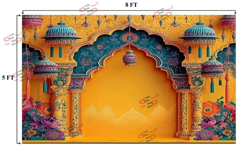 S2S قماش خلفية قوس أصفر لتزيين البوجا التقليدي، قماش تزيين خلفية | قماش ستارة لجميع المهرجانات والفعاليات والمناسبات - (5 × 8 قدم) (قوس أصفر) - Image 2
