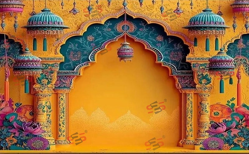 S2S قماش خلفية قوس أصفر لتزيين البوجا التقليدي، قماش تزيين خلفية | قماش ستارة لجميع المهرجانات والفعاليات والمناسبات - (5 × 8 قدم) (قوس أصفر) - Image 1