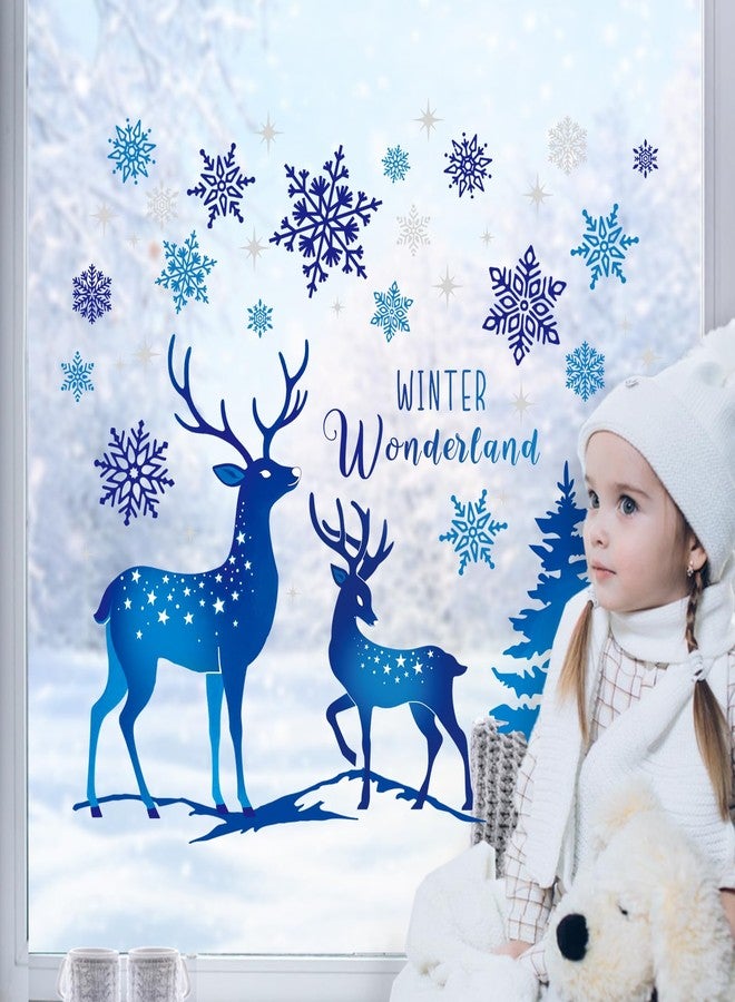 Mfault Winter Wonderland Window Clings, Blue Reindeer Pine Tree Snowflake Stickers Decals Decorations, Christmas Seasonal Home Living Room Kitchen Decor - Image 3
