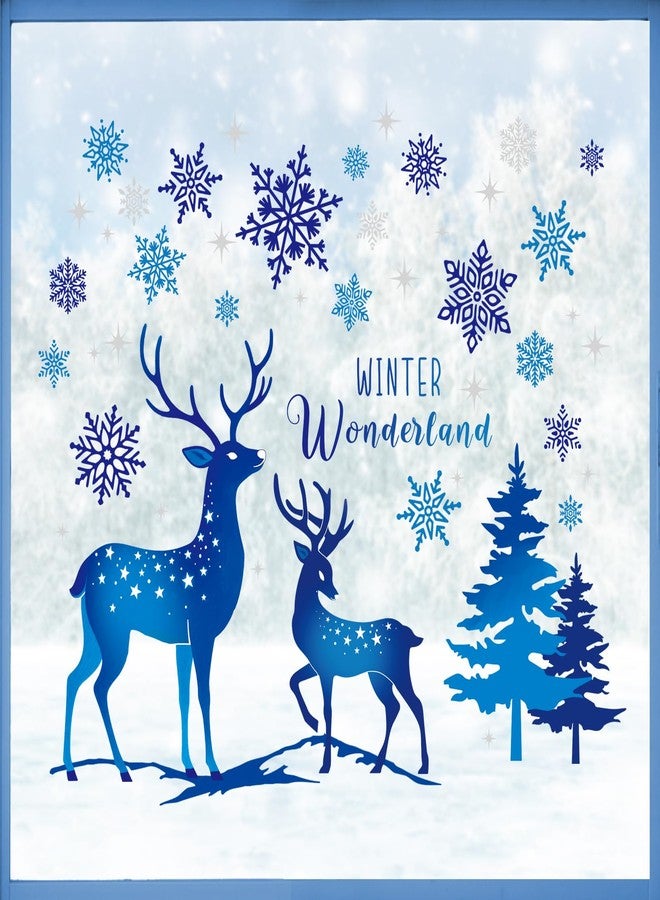Mfault Winter Wonderland Window Clings, Blue Reindeer Pine Tree Snowflake Stickers Decals Decorations, Christmas Seasonal Home Living Room Kitchen Decor - Image 1