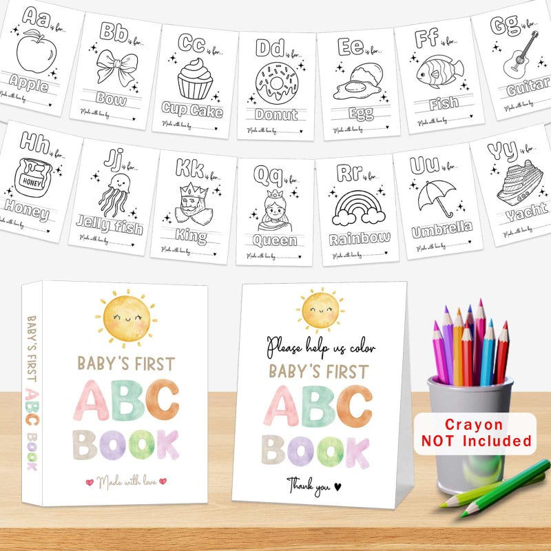 hongpar Baby's First ABC Book Baby Shower Activity Keepsake Game, Boho Sun ABC Coloring Baby Shower Guest Book, Sunshine Baby's First Alphabet Coloring Book, A to Z Coloring Pages - Image 2