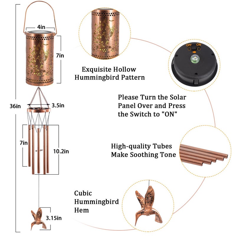 Howarmer Solar Wind Chimes for Outside, 36" Hummingbird Hanging Solar Lantern for Mom, Christmas Windchimes Outdoors Mom Grandma Gifts,Garden Decor led Lights Wind Chime for Patio Yard, for Women Grandma - Image 4