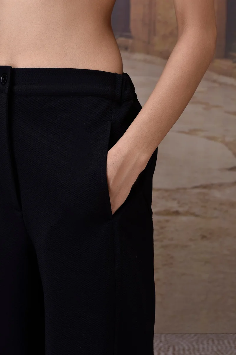 Genes Lecoanet Hemant Black Textured Poly Lycra Straight-Leg Trousers