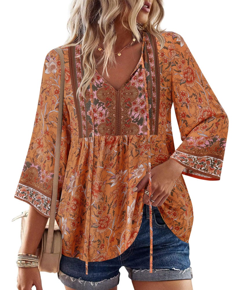 Unixseque Fall Tops for Women 2025: 3/4 Sleeve Dressy Shirts Summer V Neck Paisley Print - Casual Tops for Women - Ladies Tops and Blouses Beach Wear Flowy Boho Peasant Trendy Fall - Image 2