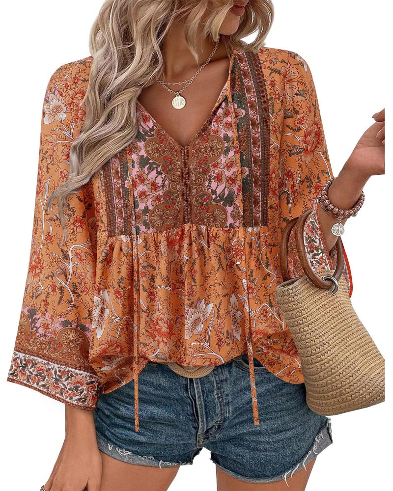 Unixseque Fall Tops for Women 2025: 3/4 Sleeve Dressy Shirts Summer V Neck Paisley Print - Casual Tops for Women - Ladies Tops and Blouses Beach Wear Flowy Boho Peasant Trendy Fall - Image 1