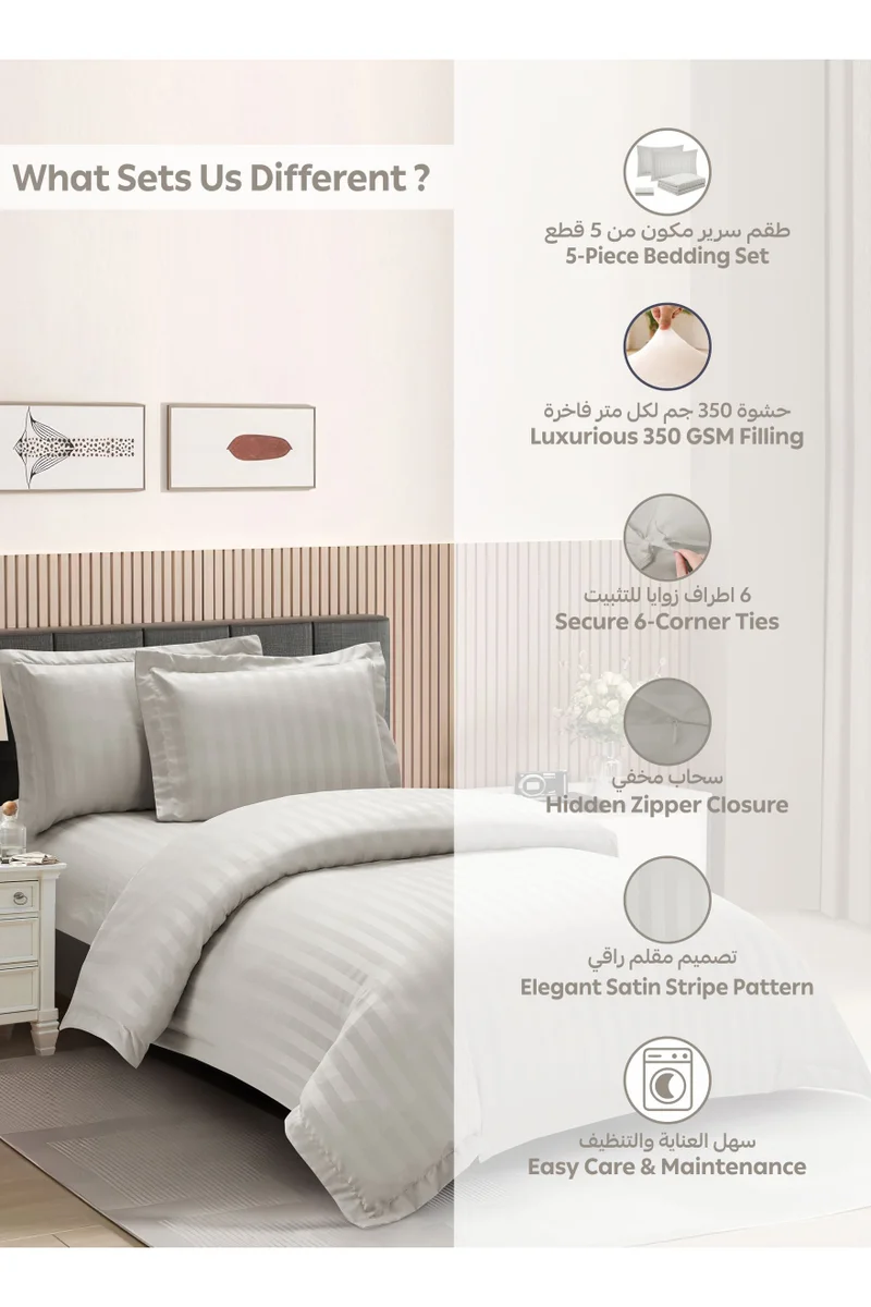Donetella Striped Comforter Set, Single Size (170x230 cm), 5-Piece Hotel Bedding with 350 GSM Filling – Comforter, Comforter Cover, Fitted Sheet, Pillowshams.