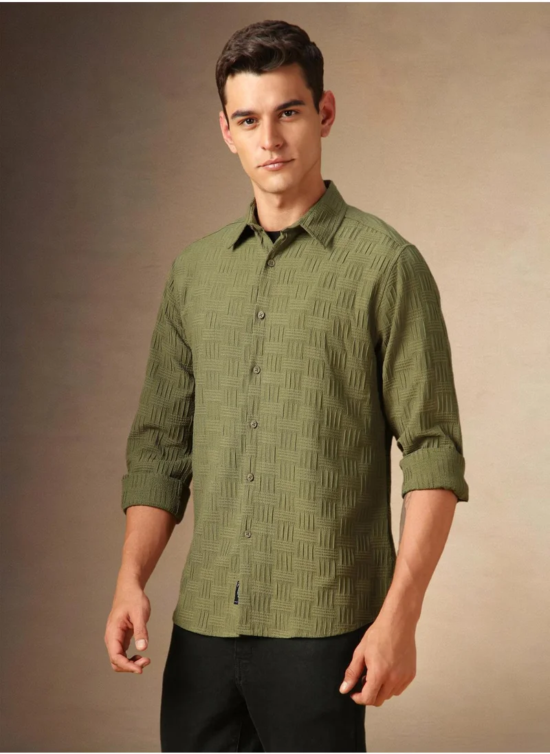 دينيس لينغو Men's Olive Cotton Blend Textured Shirt