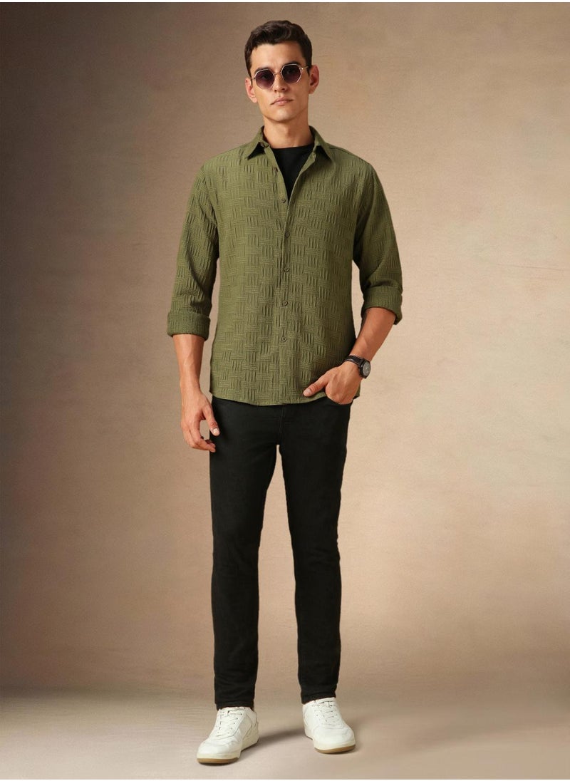 Dennis Lingo Men's Olive Cotton Blend Textured Shirt  - Image 5