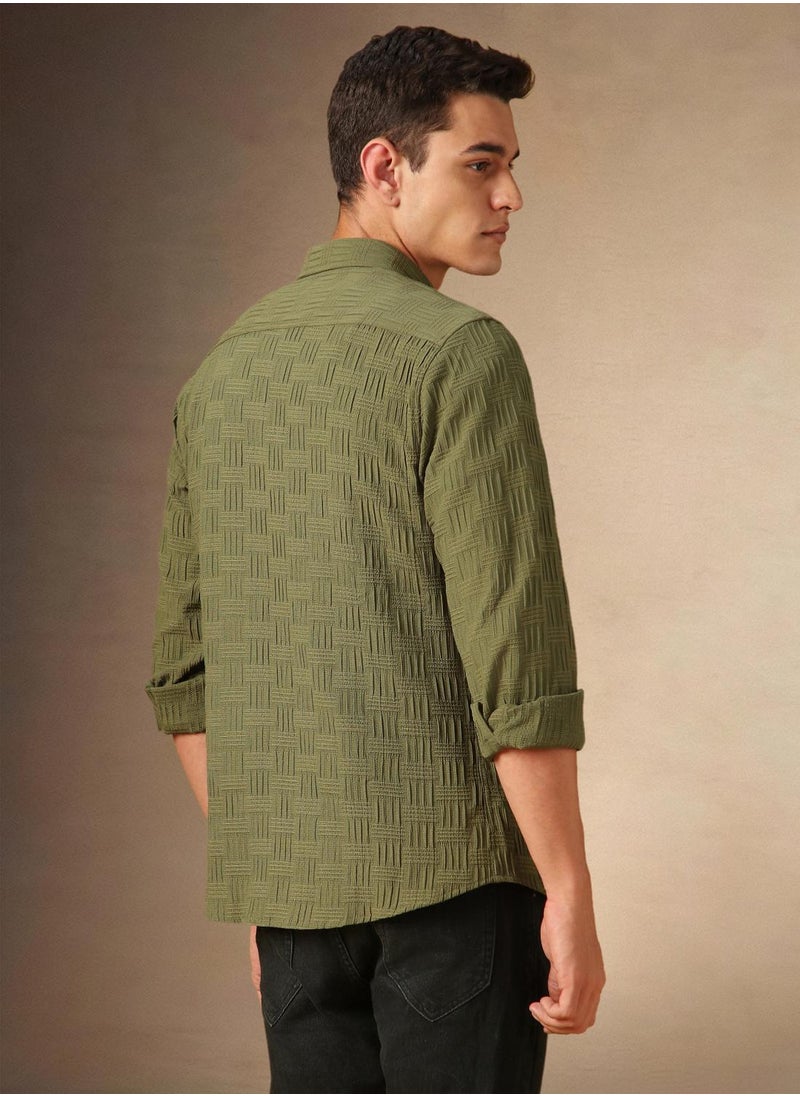 Dennis Lingo Men's Olive Cotton Blend Textured Shirt  - Image 3