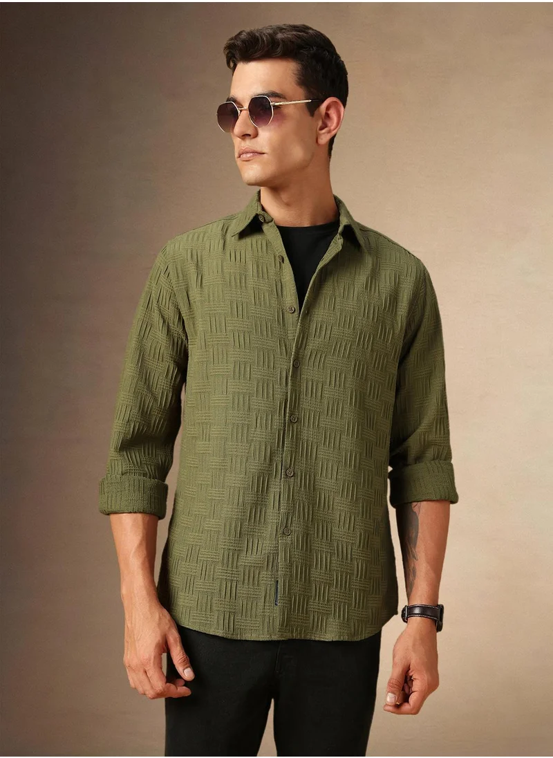 دينيس لينغو Men's Olive Cotton Blend Textured Shirt