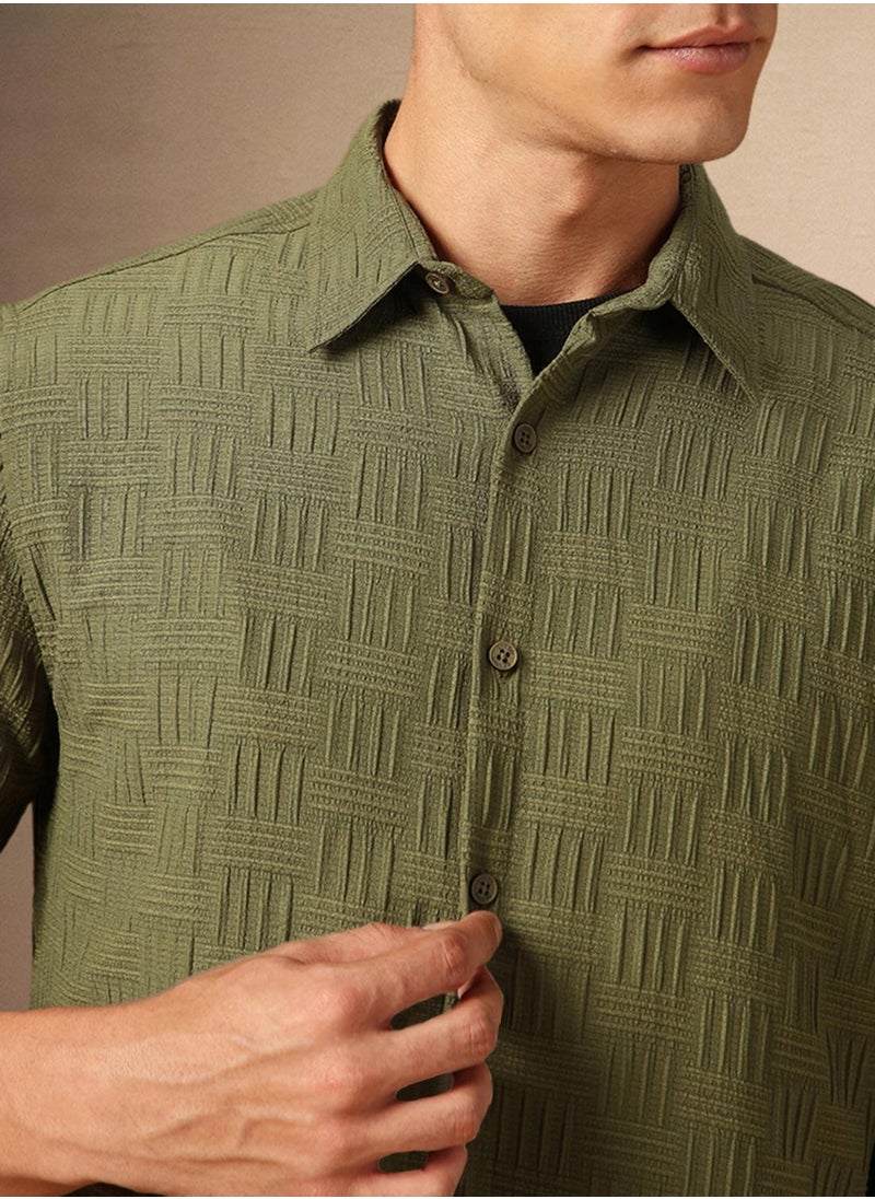 Dennis Lingo Men's Olive Cotton Blend Textured Shirt  - Image 4