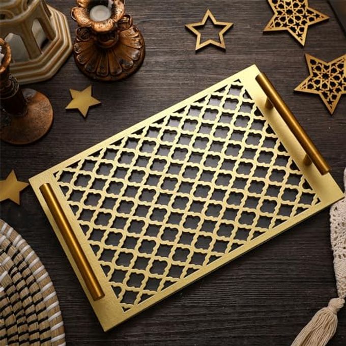 Vesici Ramadan Serving Trays Gold Eid Mubarak Kitchen Decor Eid Mubarak Serving Tray with Acrylic Waterproof Panel and Handle for Cookie Candy Pastry Dessert Ramadan Party Supplies(Rectangle)