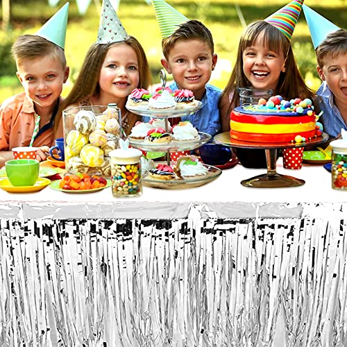 Clayghsen 4 Pack 29x108 Inch Metallic Foil Fringe Tinsel Table Skirts for Rectangle Tables Streamer Curtains Backdrop for Wedding, Birthday, Parade Floats, Christmas, Halloween Party Decoration(Silver) - Image 4