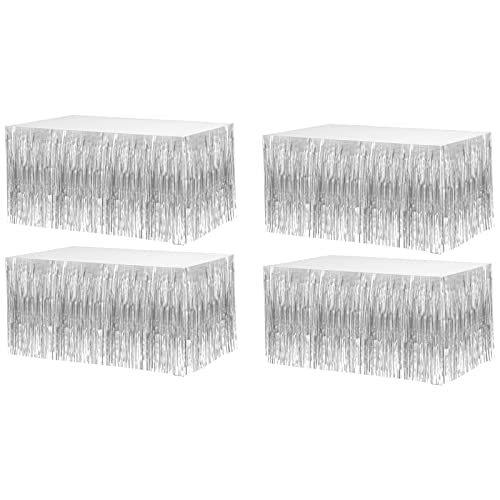 Clayghsen 4 Pack 29x108 Inch Metallic Foil Fringe Tinsel Table Skirts for Rectangle Tables Streamer Curtains Backdrop for Wedding, Birthday, Parade Floats, Christmas, Halloween Party Decoration(Silver) - Image 1