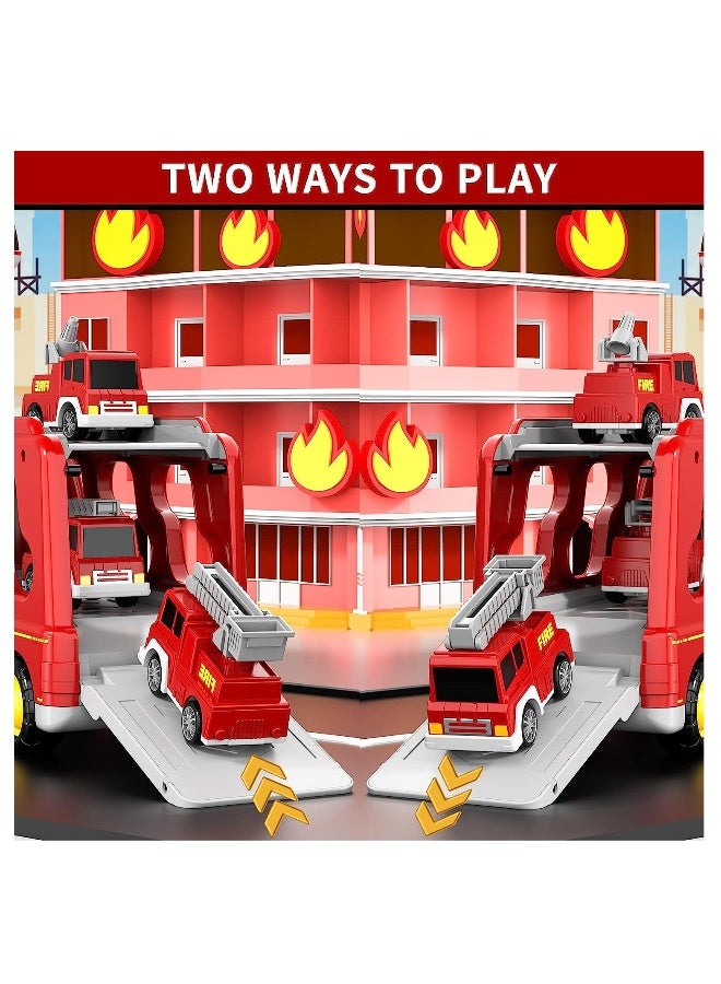 Fire Car Truck Set with Light and Sound, 5 in 1 Friction Power Emergency Vehicle Car Toy, Carrier Truck Toys Car Toys Set Gifts For Kids 3+ Years - Image 3