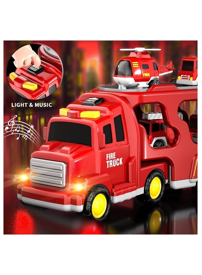 Fire Car Truck Set with Light and Sound, 5 in 1 Friction Power Emergency Vehicle Car Toy, Carrier Truck Toys Car Toys Set Gifts For Kids 3+ Years - Image 2