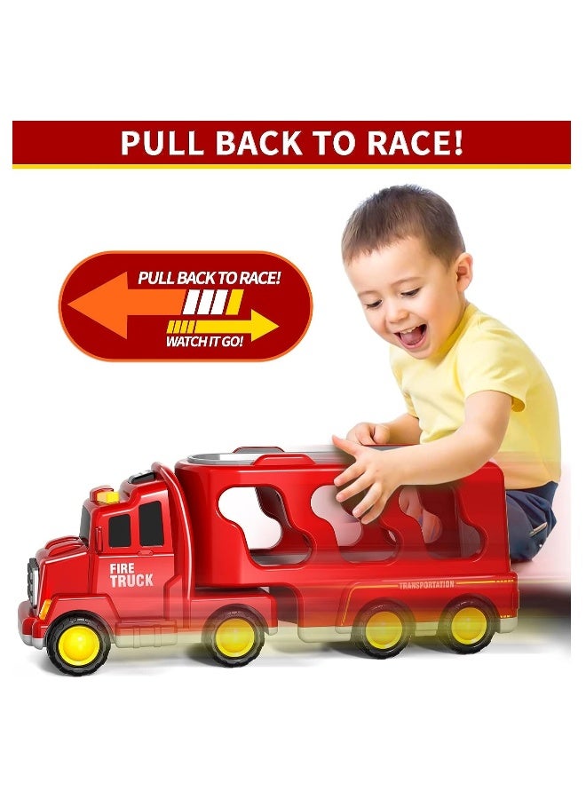 Fire Car Truck Set with Light and Sound, 5 in 1 Friction Power Emergency Vehicle Car Toy, Carrier Truck Toys Car Toys Set Gifts For Kids 3+ Years - Image 4