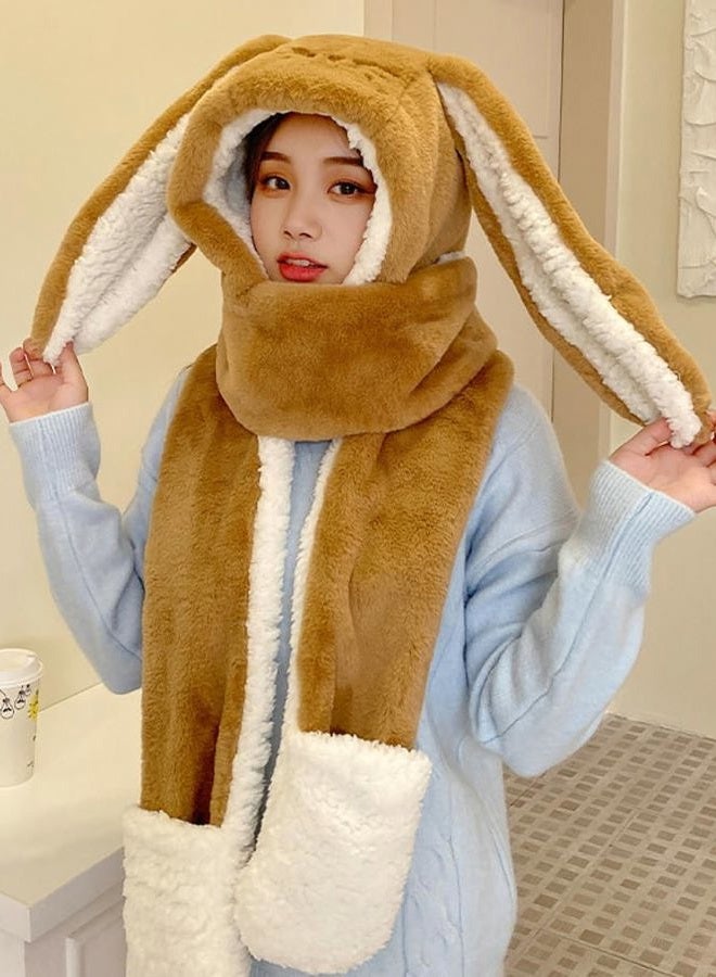 Caistre Women Cute Rabbit Ear Plush Beanie Cap Outdoor Fluffy Bunny Hat Scarf Set Indoor Warm Thick Fleece Animal Hoodie, Camel, M - Image 2